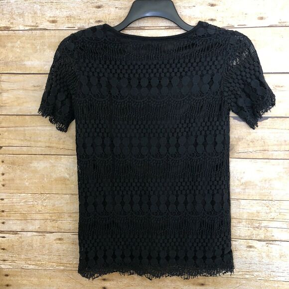 Black Short Sleeve Dotted Lace Overlay Blouse - Size Small - Lin Ying Fashion - Picture 4 of 4